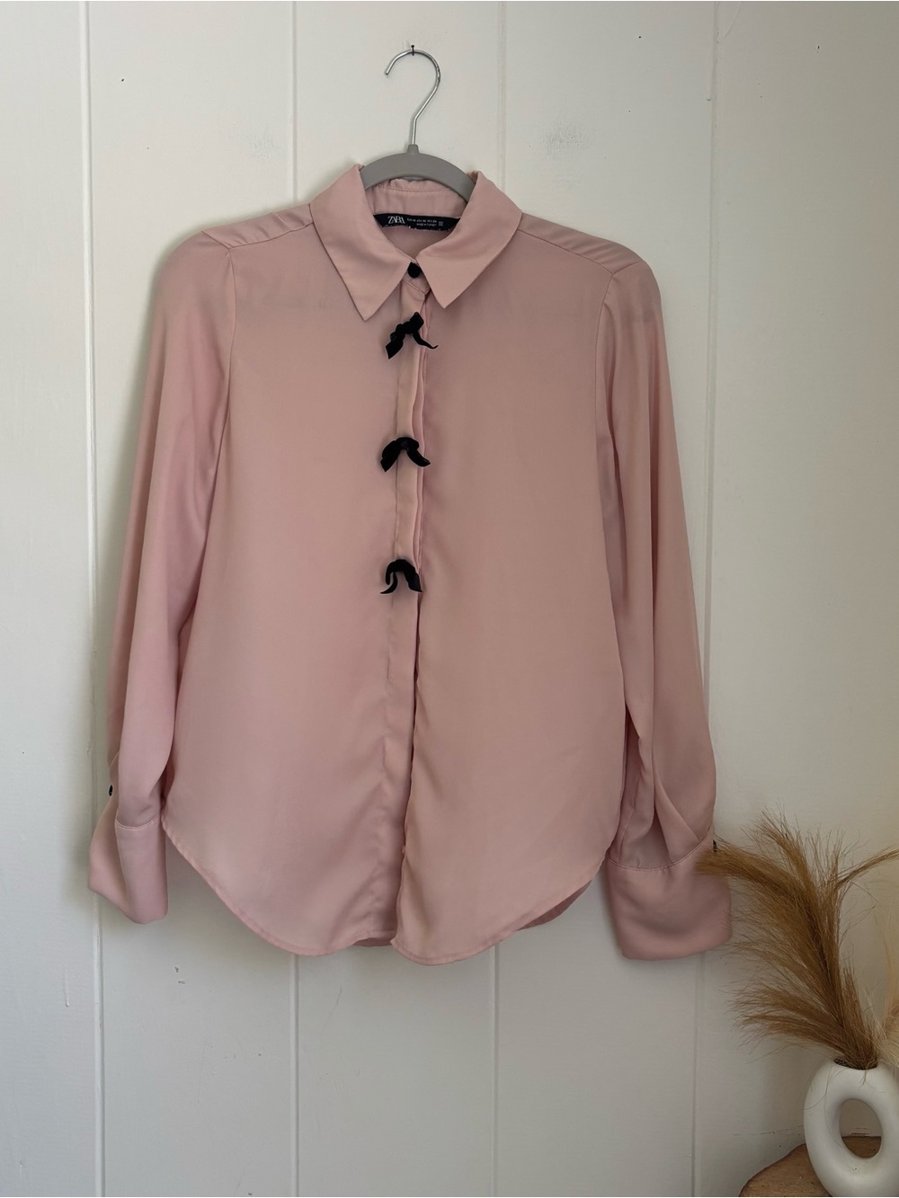 Zara Blush Pink Long-Sleeve Button-Down with Black Bow Accents